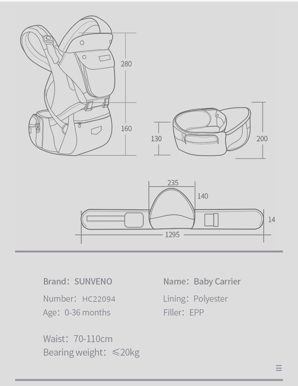 SUNVENO Ergonomic Baby Carrier Infant Baby Hipseat Waist Carrier Front Facing Ergonomic Kangaroo Sling for Baby Travel 0-36M