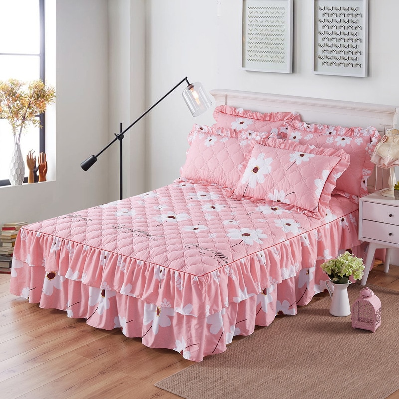 Thicken Bed Skirt Double Lace Bed Skirt Bedspread Polyester Bed Sheet for Wedding Housewarming Gift Bed Cover with Elastic Band