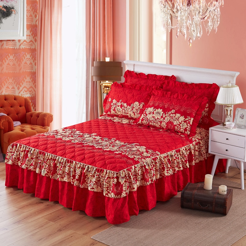 Thicken Bed Skirt Double Lace Bed Skirt Bedspread Polyester Bed Sheet for Wedding Housewarming Gift Bed Cover with Elastic Band