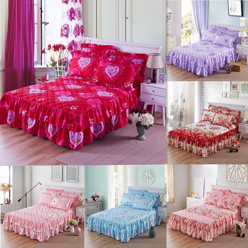 Thicken Bed Skirt Double Lace Bed Skirt Bedspread Polyester Bed Sheet for Wedding Housewarming Gift Bed Cover with Elastic Band