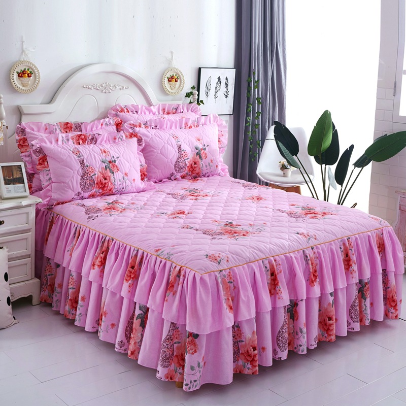 Thicken Bed Skirt Double Lace Bed Skirt Bedspread Polyester Bed Sheet for Wedding Housewarming Gift Bed Cover with Elastic Band