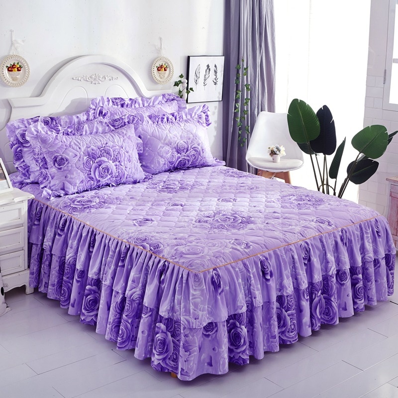 Thicken Bed Skirt Double Lace Bed Skirt Bedspread Polyester Bed Sheet for Wedding Housewarming Gift Bed Cover with Elastic Band