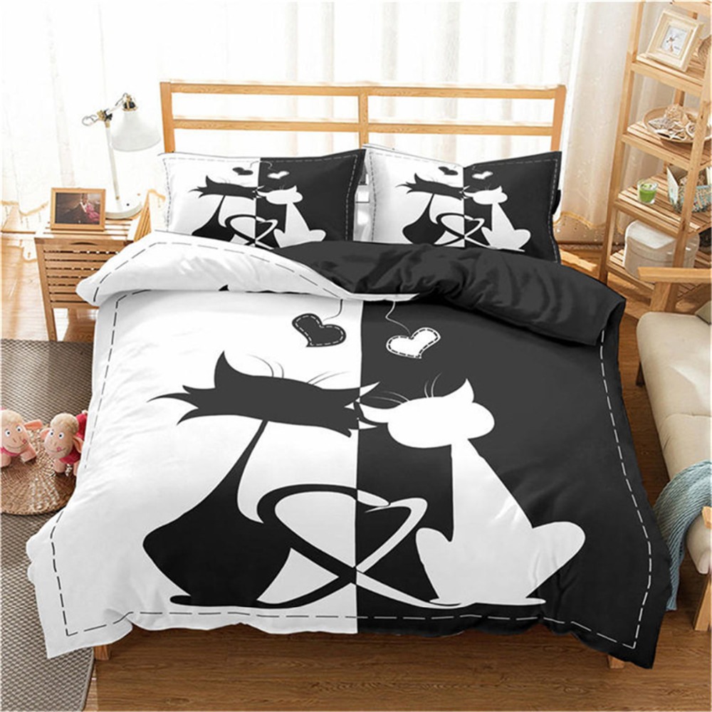 ZEIMON 3d Cartoon Cat Printing Bedding Set Microfiber Home Textiles Black And White Duvet Cover Set Queen King Size Bed Sets