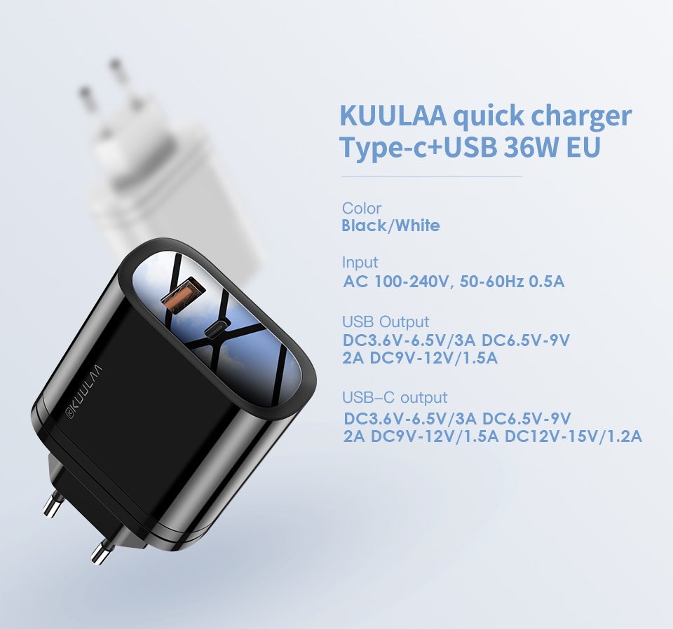 KUULAA USB Charger 36W Quick Charge 4.0 PD 3.0 USB Type C Fast Charger For iPhone Xiaomi Portable Mobile Phone Charger Adapter