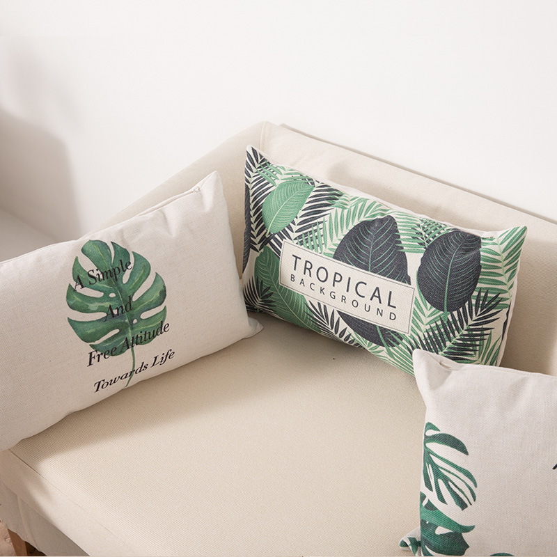Double side printed Waist Lumbar Small pillow Cotton linen blend Cartoon stripes tropical plants European style Pastoral