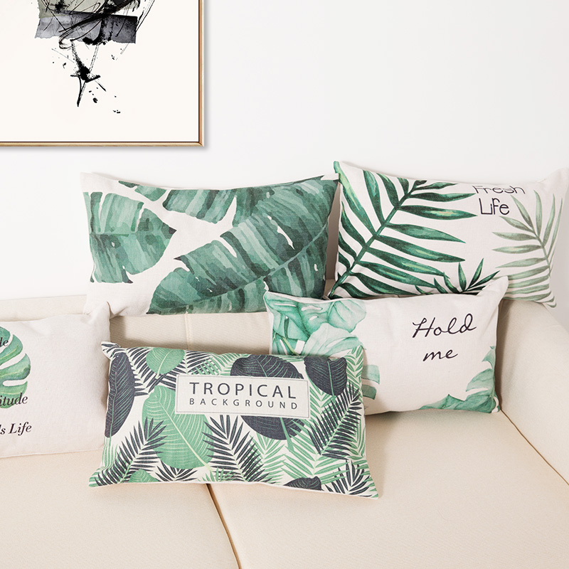 Double side printed Waist Lumbar Small pillow Cotton linen blend Cartoon stripes tropical plants European style Pastoral