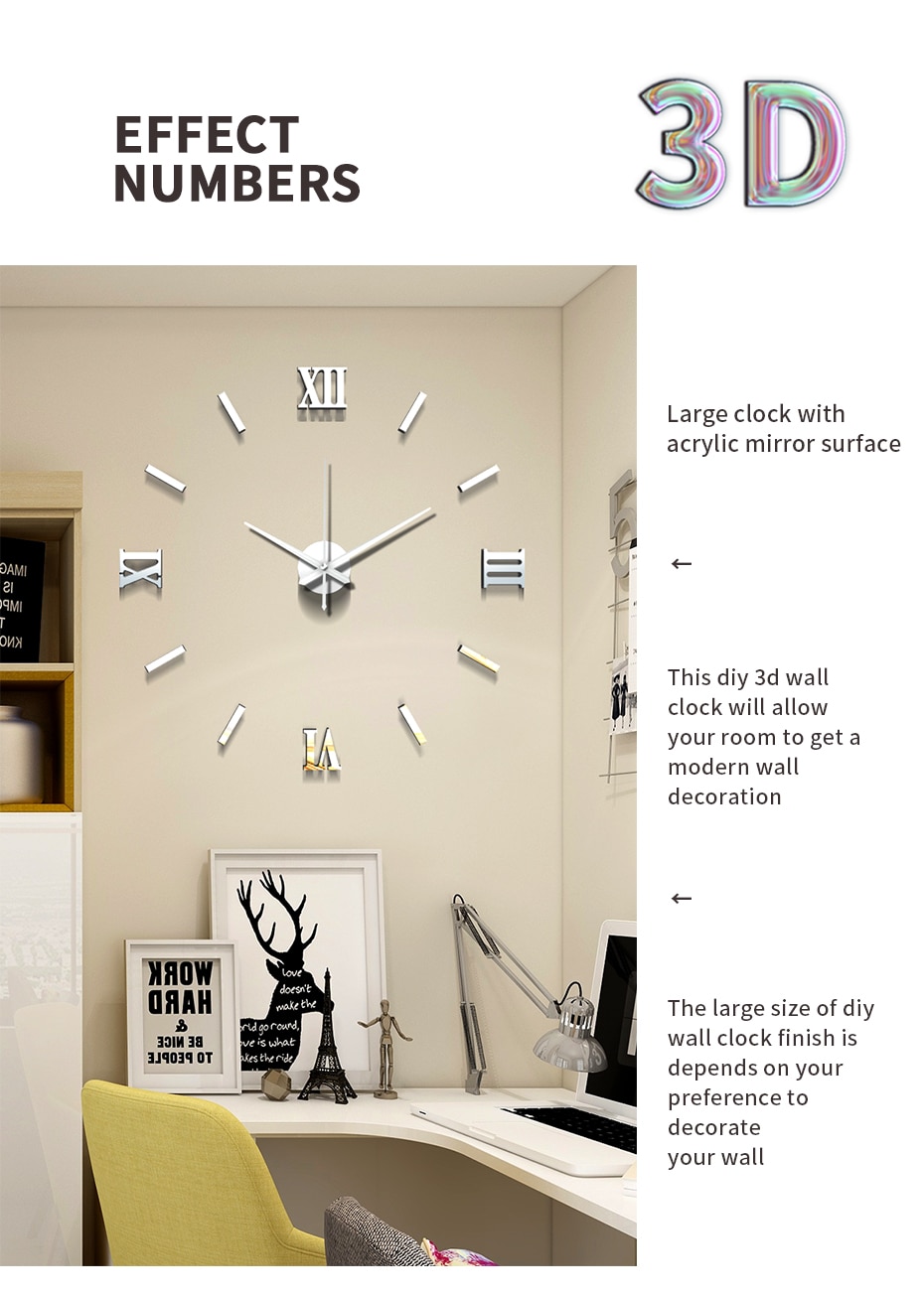 Modern Art 3D DIY Wall Sticker Clock Home Decor  Simple Useful Functioning Acrylic Mirror Wall Sticker Clock for Living Room