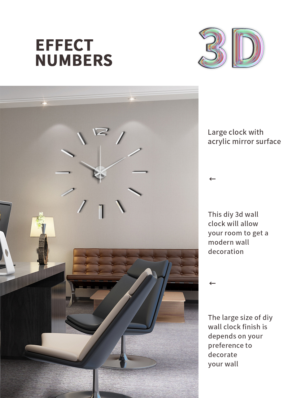 50cm 3D Wall Clock Modern Design DIY Acrylic Mirror Stickers Clock for Living Room Bedroom Home Decor Large Silent Elreloj Mural