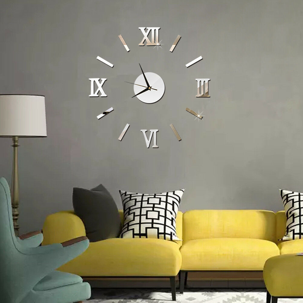 Modern DIY Large Wall Clock 3D Mirror Surface Sticker Home Decor Art Giant Wall Clock Watch With Roman Numerals Big Clock