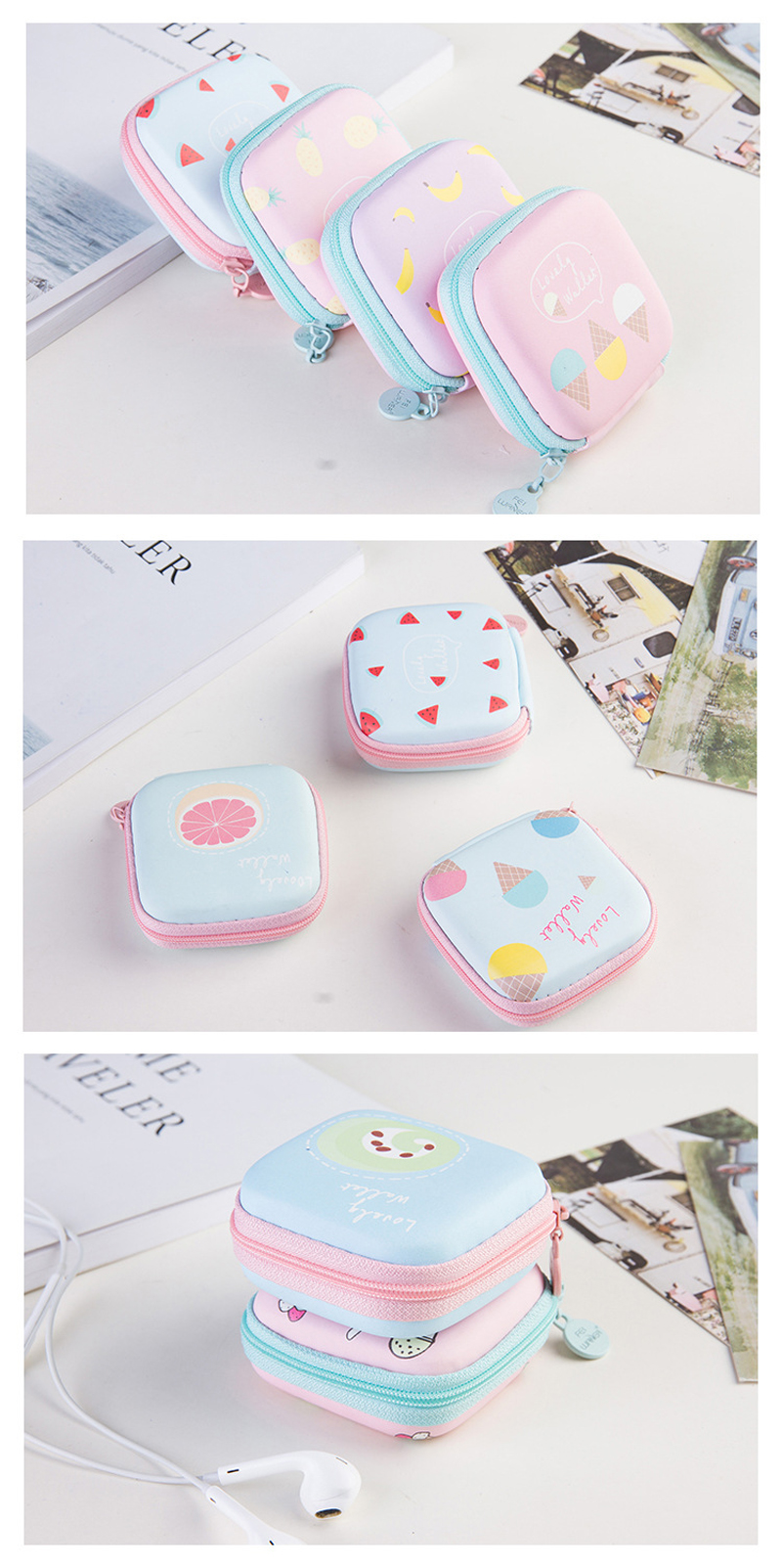 EZONE Stationery Storage Box Kawaii Ice Cream Pineapple Printed Paper Clip Bookmark Eraser Cases Pill Box Office Color Random