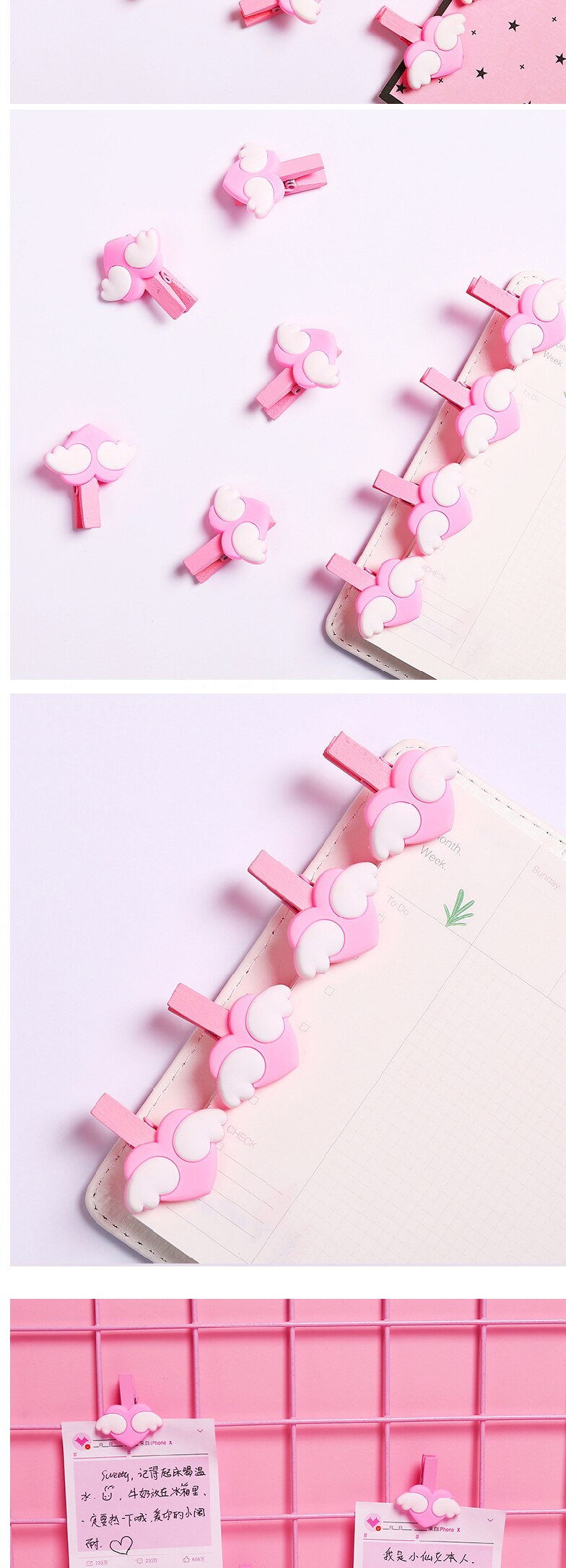 10Pcs Pink Love Shape Wooden Photo Binder Clip Note Folder Office School Supplies Stationery Binding Supplies Files Documents