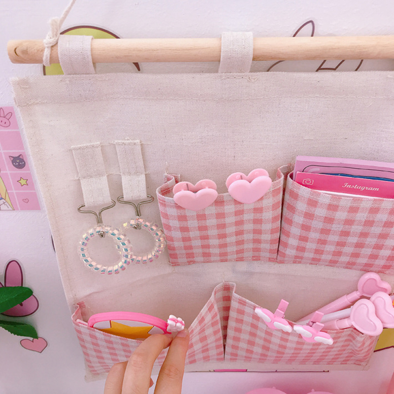 Fresh pink check multi-functional small item storage bag stationery wash supplies hanging storage bag