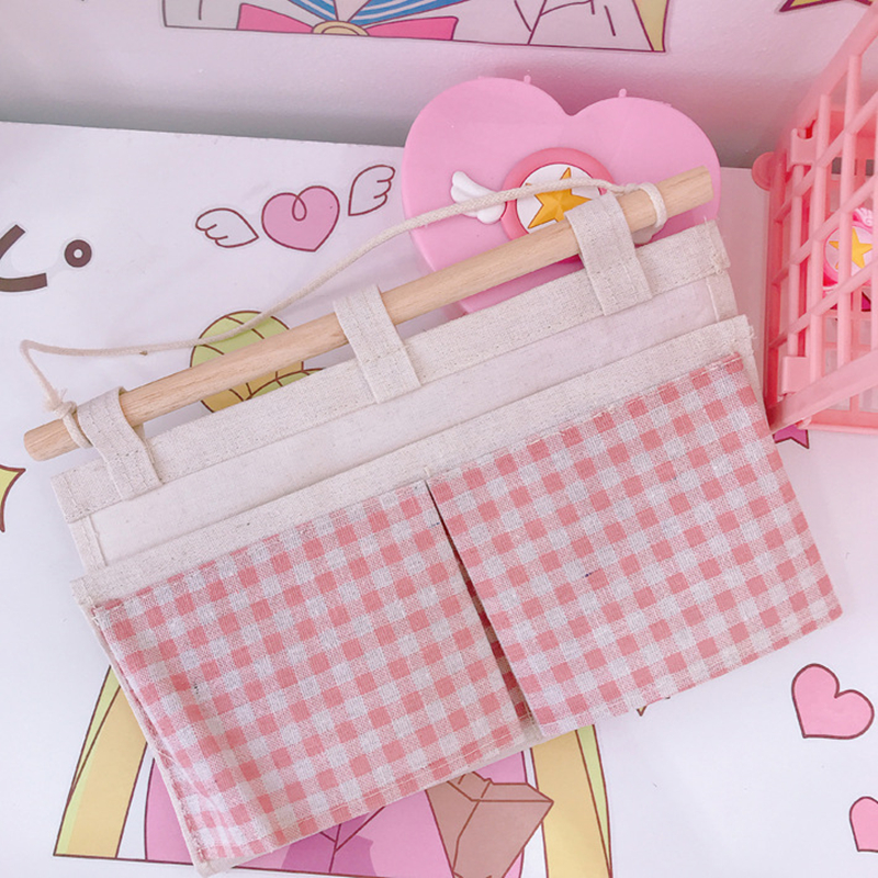 Fresh pink check multi-functional small item storage bag stationery wash supplies hanging storage bag