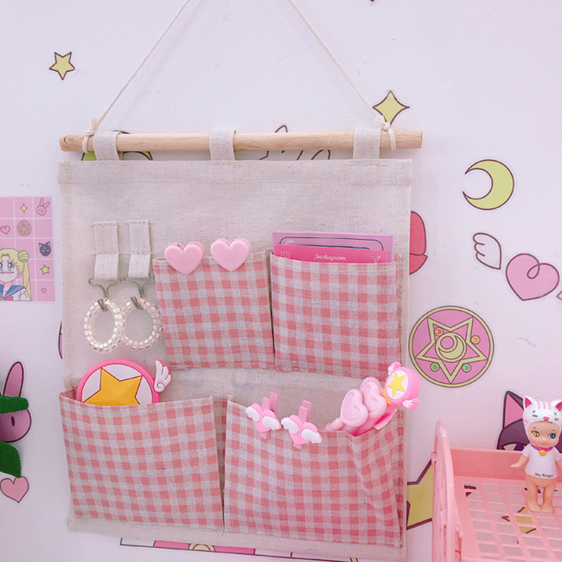 Fresh pink check multi-functional small item storage bag stationery wash supplies hanging storage bag