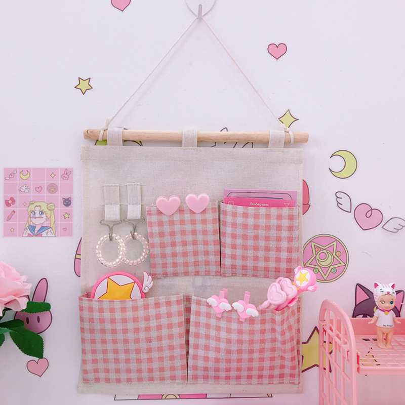 Fresh pink check multi-functional small item storage bag stationery wash supplies hanging storage bag