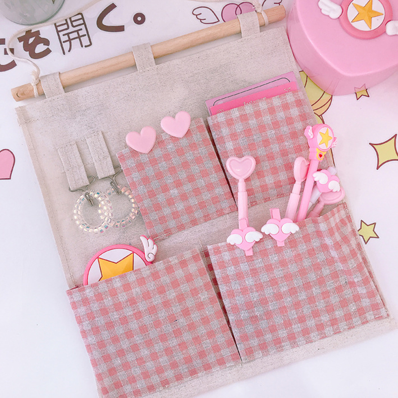 Fresh pink check multi-functional small item storage bag stationery wash supplies hanging storage bag