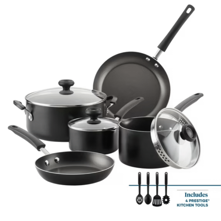 Farberware Easy Clean 12 Pcs Nonstick Cookware Set with Cooking Tools, Black