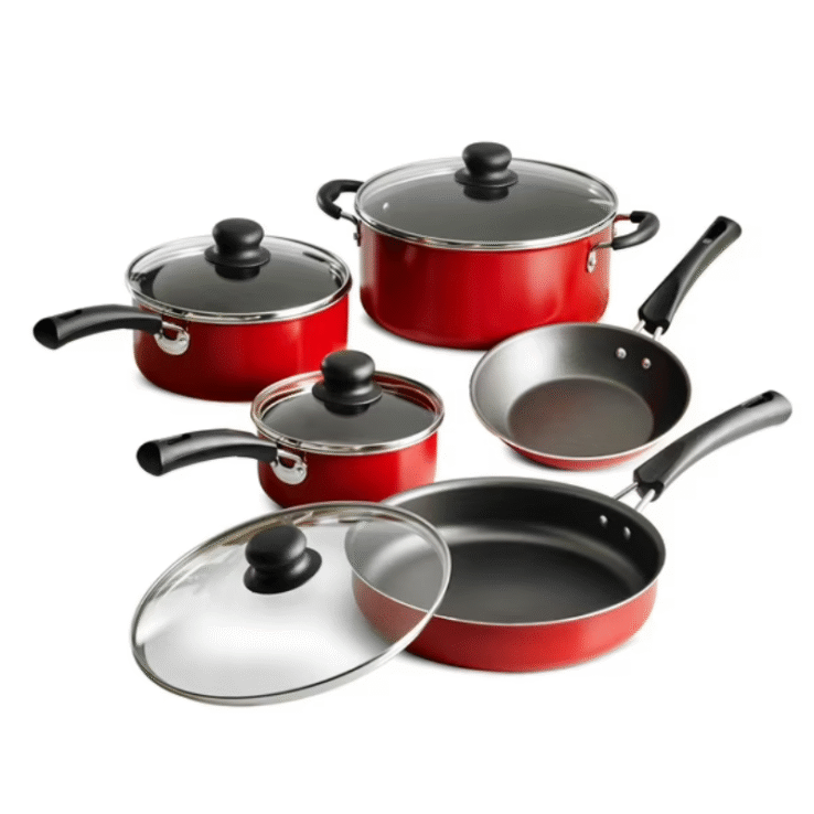 9-Piece Simple Cooking Nonstick Cookware Set Red, Black